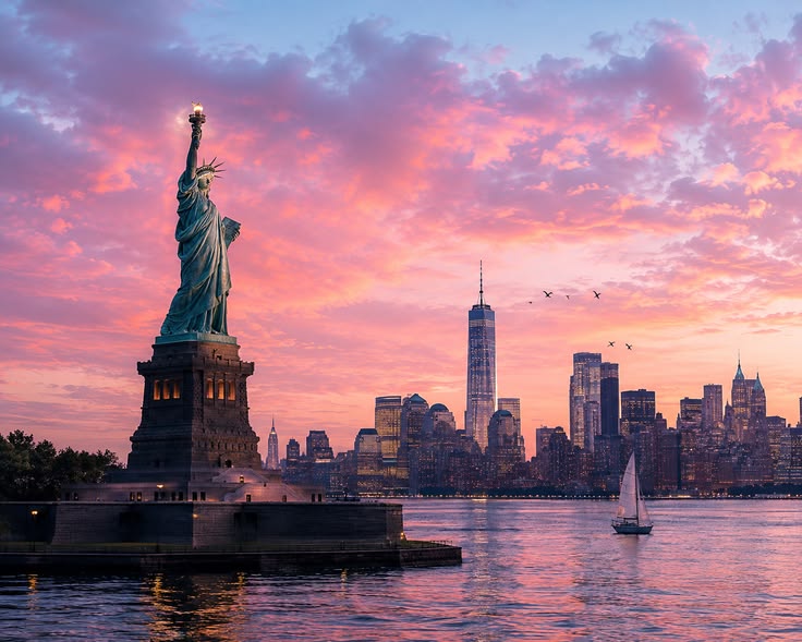 Aesthetic USA Sunset View _ Statue of Liberty & New York City Skyline